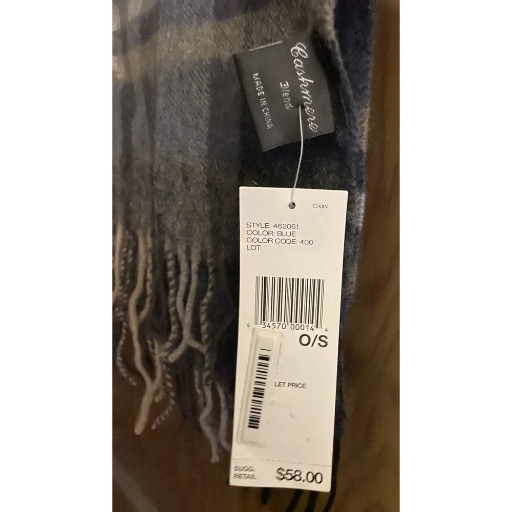 DKNY Luxury Blue/Gray  Plaid Scarf - 90% Wool 10% Cashmere - Made in Italy NWT